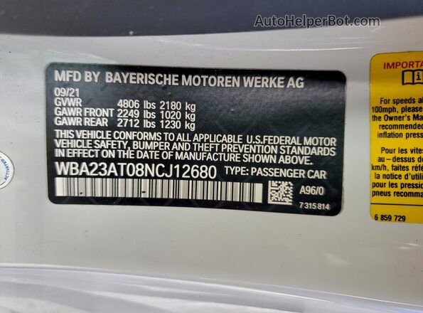 WBA23AT08NCJ12680 2022 BMW 4 SERIES White VIN კოდის სტიკერის ხედი