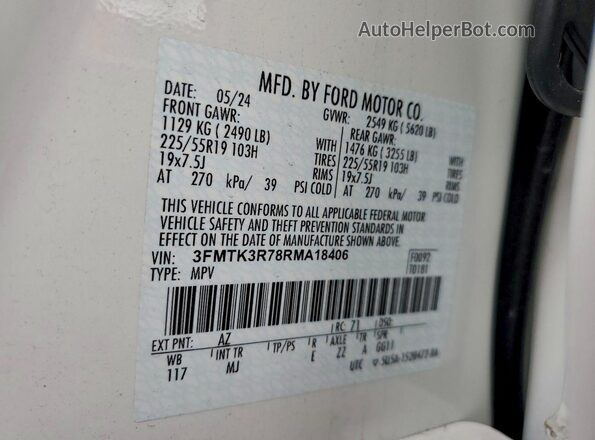 3FMTK3R78RMA18406 2024 FORD MUSTANG MACH-E PREMI White Вид наклейки з VIN-кодом