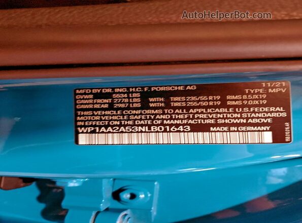 WP1AA2A53NLB01643 2022 PORSCHE MACAN Blue Vista interior de 360 grados