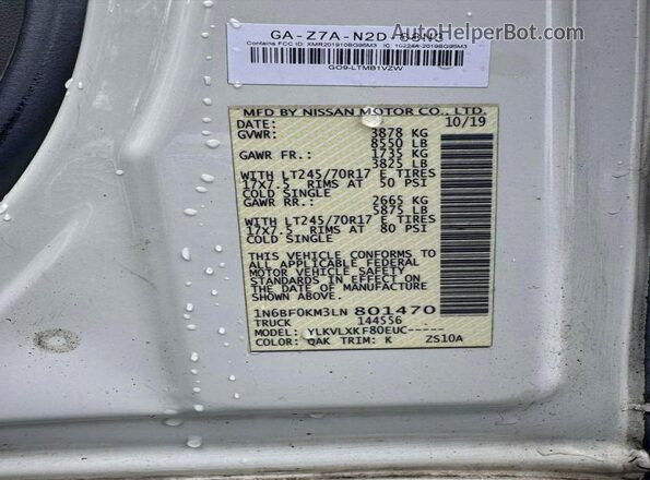 1N6BF0KM3LN801470 2020 NISSAN NV White Вид задньої частини салону