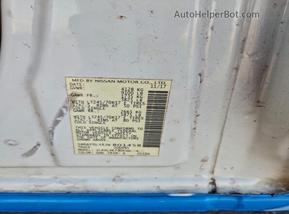 1N6BF0LY4JN801458 2018 NISSAN NV White Widok naklejki z numerem VIN