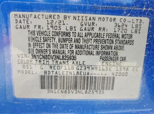 3N1CN8DV3NL825935 2022 NISSAN VERSA Blue VIN sticker view