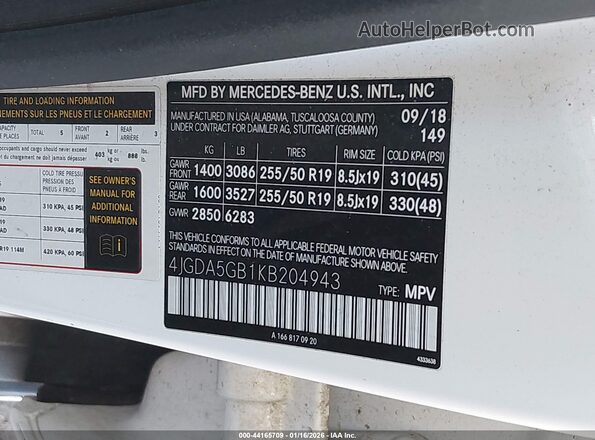 4JGDA5GB1KB204943 2019 MERCEDES-BENZ GLE 400 White 