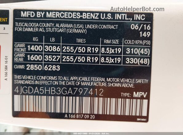 4JGDA5HB3GA797412 2016 MERCEDES-BENZ GLE 350 White 