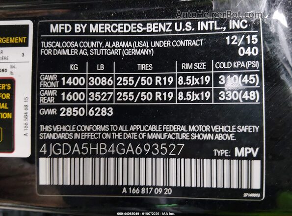 4JGDA5HB4GA693527 2016 MERCEDES-BENZ GLE 350 Black 