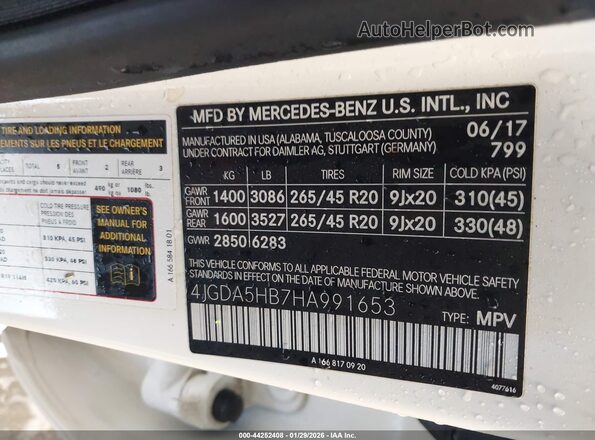 4JGDA5HB7HA991653 2017 MERCEDES-BENZ GLE 350 White Vista del compartimento del motor