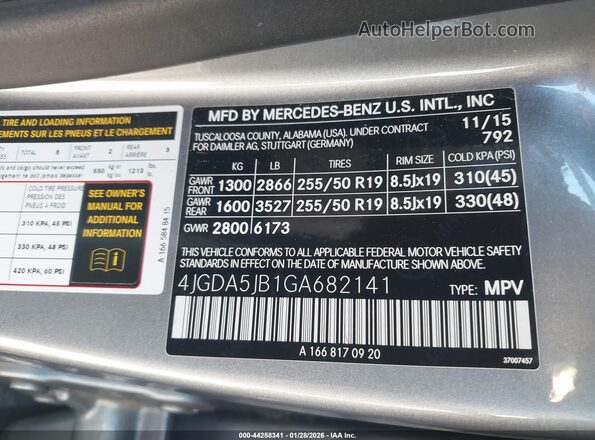 4JGDA5JB1GA682141 2016 MERCEDES-BENZ GLE 350 Серебряный 
