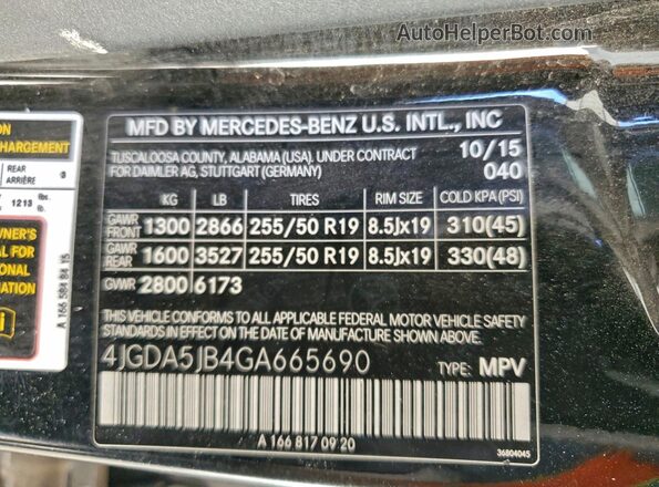 4JGDA5JB4GA665690 2016 MERCEDES-BENZ GLE Black VIN კოდის სტიკერის ხედი