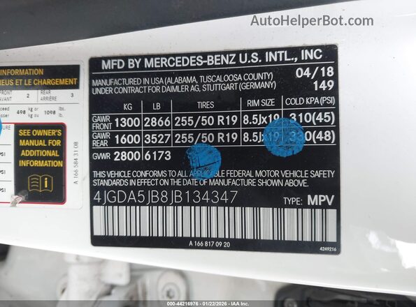 4JGDA5JB8JB134347 2018 MERCEDES-BENZ GLE 350 White 