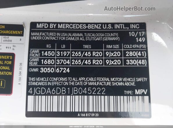 4JGDA6DB1JB045222 2018 MERCEDES-BENZ GLE 550E PLUG-IN HYBRID White Engine compartment view
