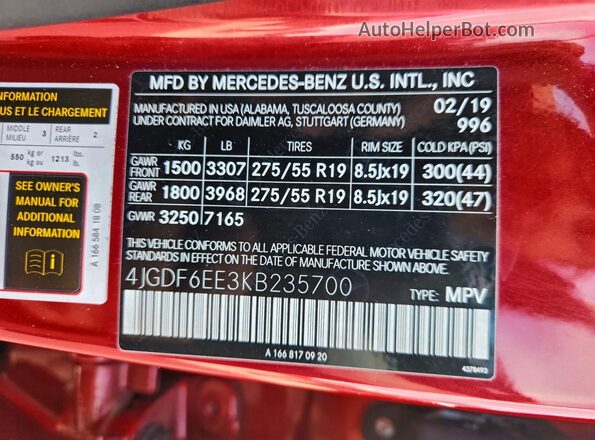 4JGDF6EE3KB235700 2019 MERCEDES-BENZ GLS Red VIN կոդի պիտակի տեսք