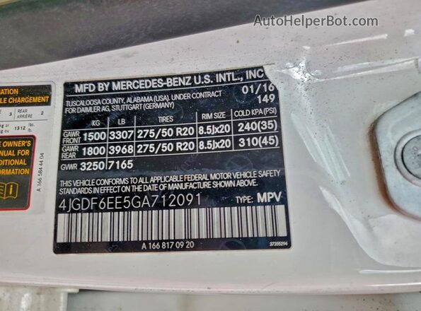 4JGDF6EE5GA712091 2016 MERCEDES-BENZ GL-CLASS White VIN sticker view