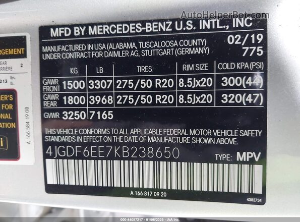4JGDF6EE7KB238650 2019 MERCEDES-BENZ GLS 450 Silver Widok komory silnika