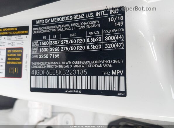 4JGDF6EE8KB223185 2019 MERCEDES-BENZ GLS 450 White Widok komory silnika