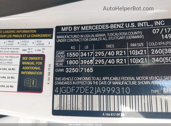 4JGDF7DE2JA999310 2018 MERCEDES-BENZ GLS 550 White Widok komory silnika