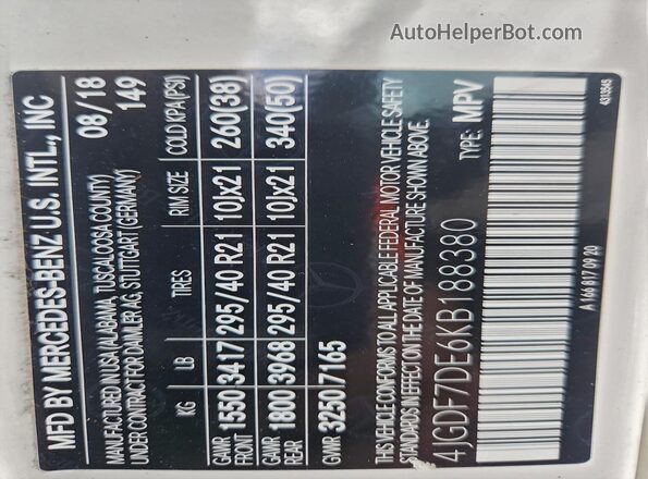 4JGDF7DE6KB188380 2019 MERCEDES-BENZ GLS White Вид наклейки з VIN-кодом