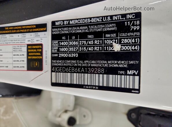 4JGED6EB6KA139288 2019 MERCEDES-BENZ GLE White Vista de la etiqueta del VIN