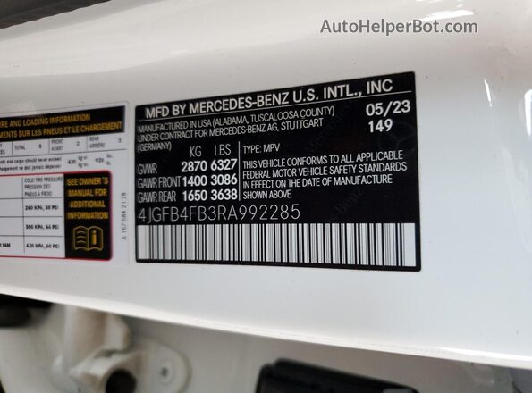 4JGFB4FB3RA992285 2024 MERCEDES-BENZ GLE White VIN կոդի պիտակի տեսք