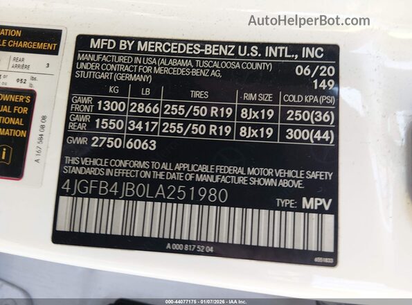 4JGFB4JB0LA251980 2020 MERCEDES-BENZ GLE 350 Белый 