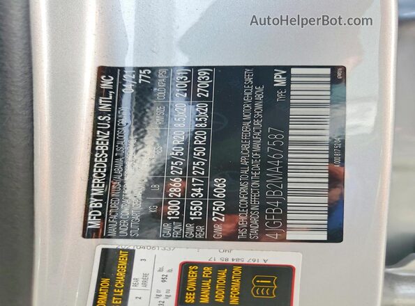 4JGFB4JB2MA467587 2021 MERCEDES-BENZ GLE Silver Widok naklejki z numerem VIN