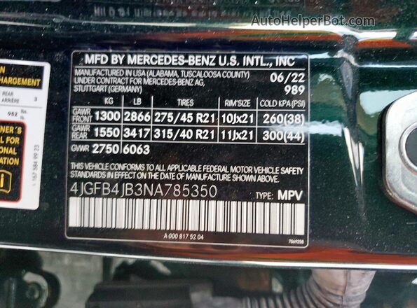 4JGFB4JB3NA785350 2022 MERCEDES-BENZ GLE Green Vista interior de 360 grados