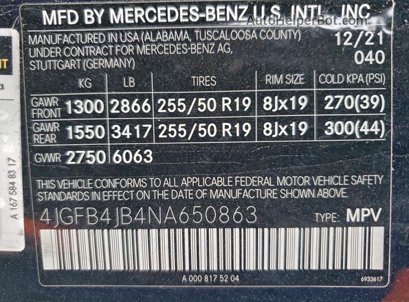 4JGFB4JB4NA650863 2022 MERCEDES-BENZ GLE Black Widok naklejki z numerem VIN