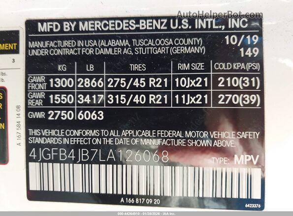 4JGFB4JB7LA126068 2020 MERCEDES-BENZ GLE 350 White Вид підкапотного простору