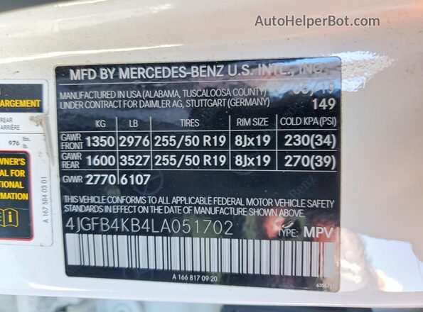 4JGFB4KB4LA051702 2020 MERCEDES-BENZ GLE-CLASS White Widok wnętrza 360 stopni