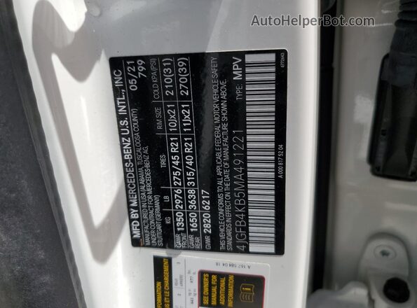 4JGFB4KB5MA491221 2021 MERCEDES-BENZ GLE Белый Вид наклейки с VIN-кодом