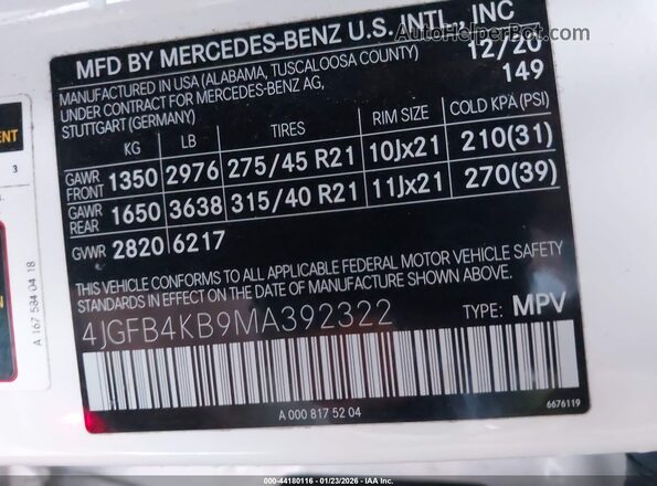 4JGFB4KB9MA392322 2021 MERCEDES-BENZ GLE 350 White Widok komory silnika