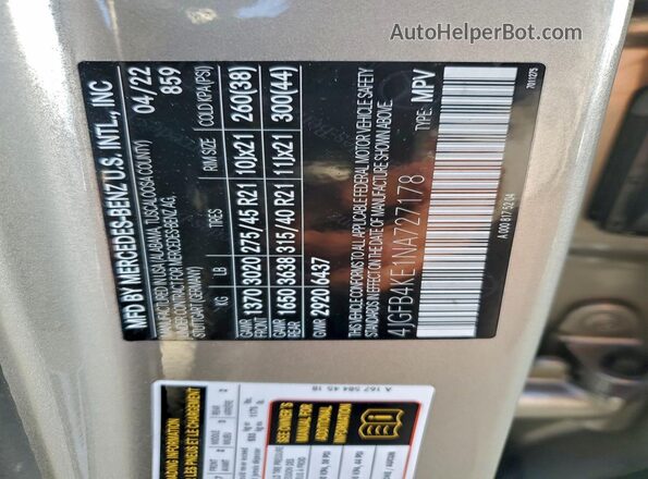 4JGFB4KE1NA727178 2022 MERCEDES-BENZ GLE Серебряный Панорамный вид салона 360°