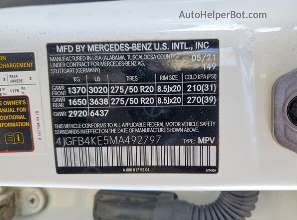4JGFB4KE5MA492797 2021 MERCEDES-BENZ GLE Белый Вид наклейки с VIN-кодом