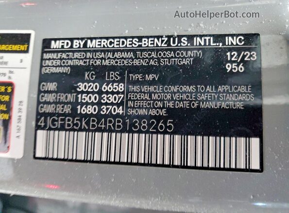 4JGFB5KB4RB138265 2024 MERCEDES-BENZ GLE Gray VIN კოდის სტიკერის ხედი