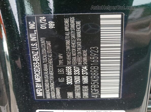 4JGFB5KB8RB165923 2024 MERCEDES-BENZ GLE Зеленый Вид наклейки с VIN-кодом