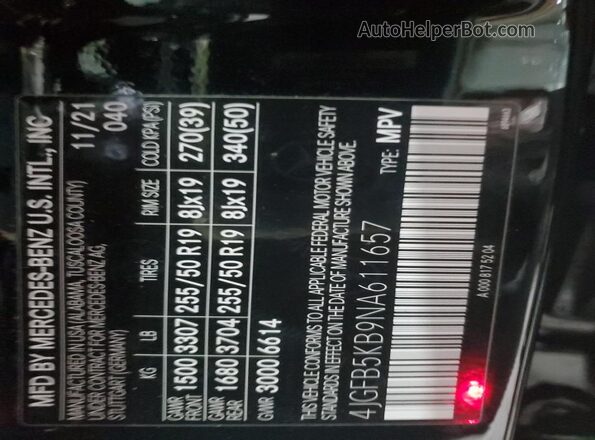 4JGFB5KB9NA611657 2022 MERCEDES-BENZ GLE Black VIN կոդի պիտակի տեսք