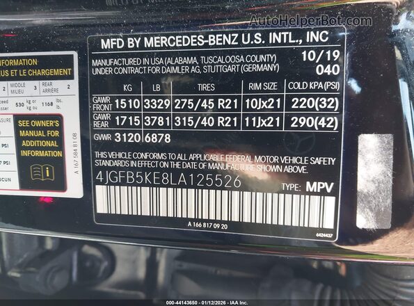 4JGFB5KE8LA125526 2020 MERCEDES-BENZ GLE 450 Black Vista del compartimento del motor