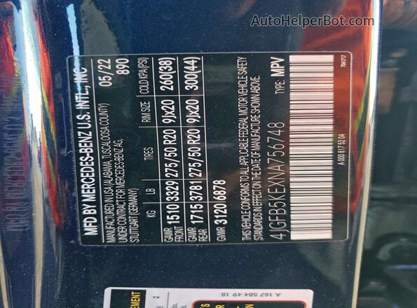 4JGFB5KEXNA756748 2022 MERCEDES-BENZ GLE Синий Вид наклейки с VIN-кодом