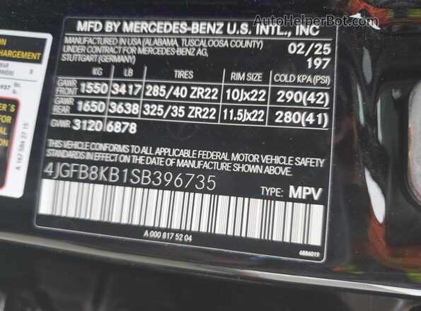 4JGFB8KB1SB396735 2025 MERCEDES-BENZ GLE Черный Вид наклейки с VIN-кодом