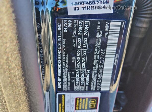 4JGFD6BB6RB222765 2024 MERCEDES-BENZ GLE Green Vista de la etiqueta del VIN