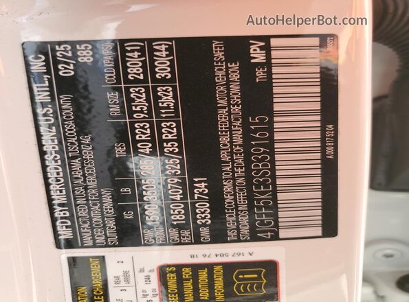 4JGFF5KE3SB391615 2025 MERCEDES-BENZ GLS White Widok naklejki z numerem VIN