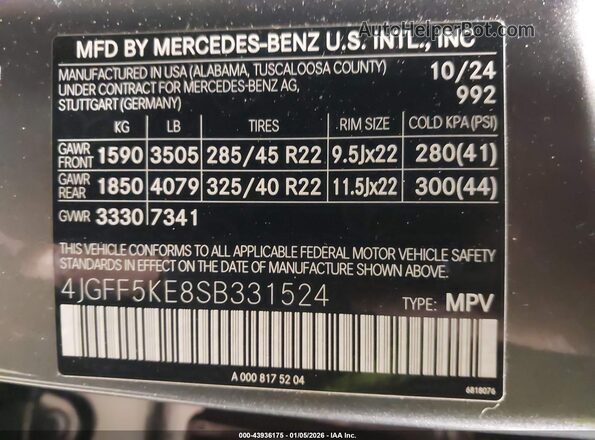 4JGFF5KE8SB331524 2025 MERCEDES-BENZ GLS 450 Gray 