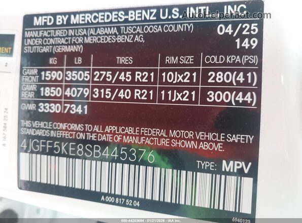 4JGFF5KE8SB445376 2025 MERCEDES-BENZ GLS 450 White Engine compartment view