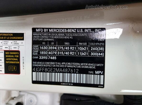 4JGFF8GE2MA487612 2021 MERCEDES-BENZ GLS White Вид наклейки з VIN-кодом