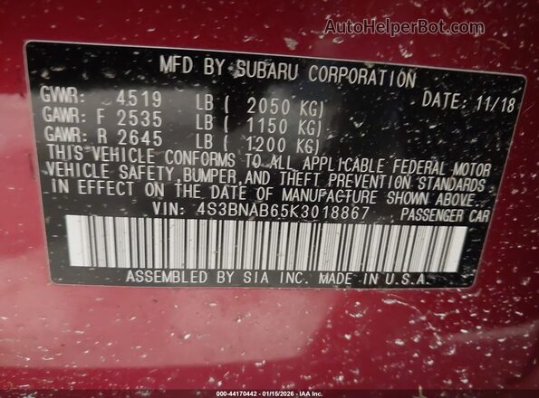 4S3BNAB65K3018867 2019 SUBARU LEGACY Red 