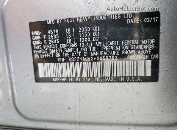 4S3BNAC63H3059263 2017 SUBARU LEGACY Silver 