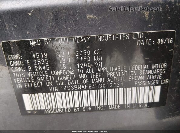 4S3BNAF64H3013131 2017 SUBARU LEGACY Gray ძრავის განყოფილების ხედი
