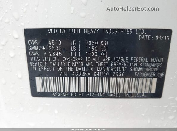 4S3BNAF64H3017938 2017 SUBARU LEGACY White Vista del compartimento del motor