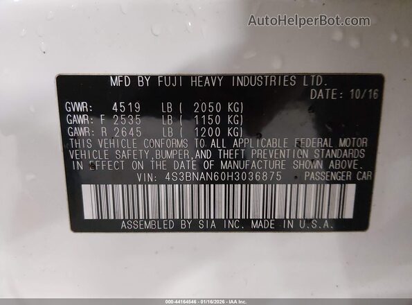 4S3BNAN60H3036875 2017 SUBARU LEGACY White Widok komory silnika