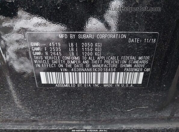 4S3BNAN61K3018456 2019 SUBARU LEGACY Черный 