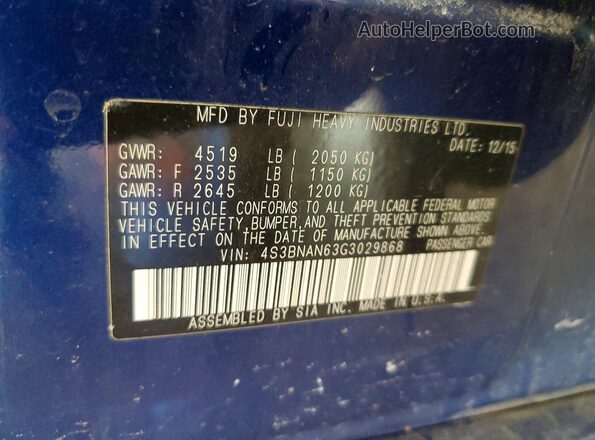 4S3BNAN63G3029868 2016 SUBARU LEGACY Blue Вид підкапотного простору